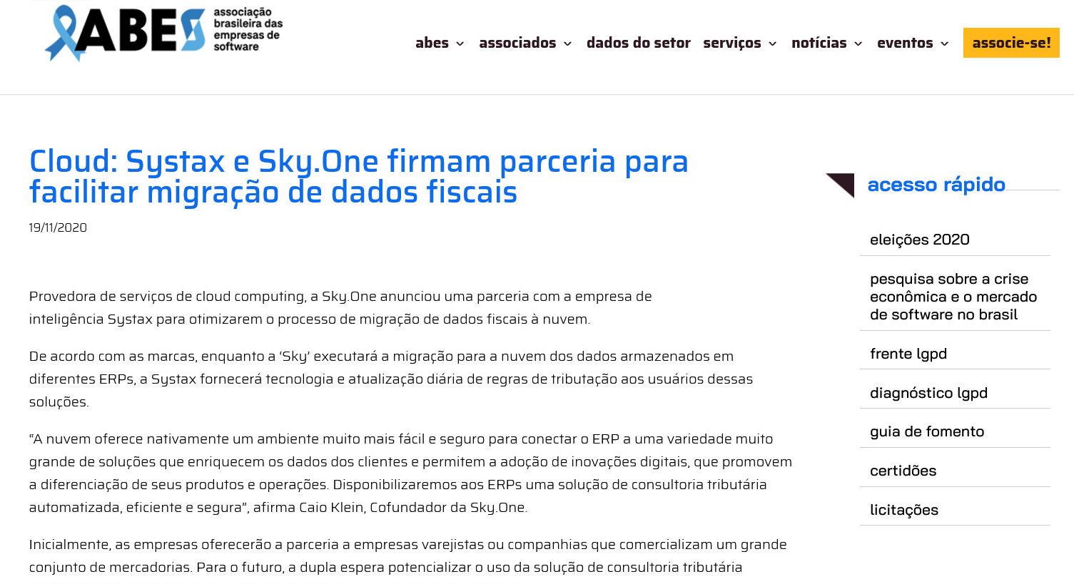 Cloud: Systax e Sky.One firmam parceria para facilitar migração de dados fiscais
