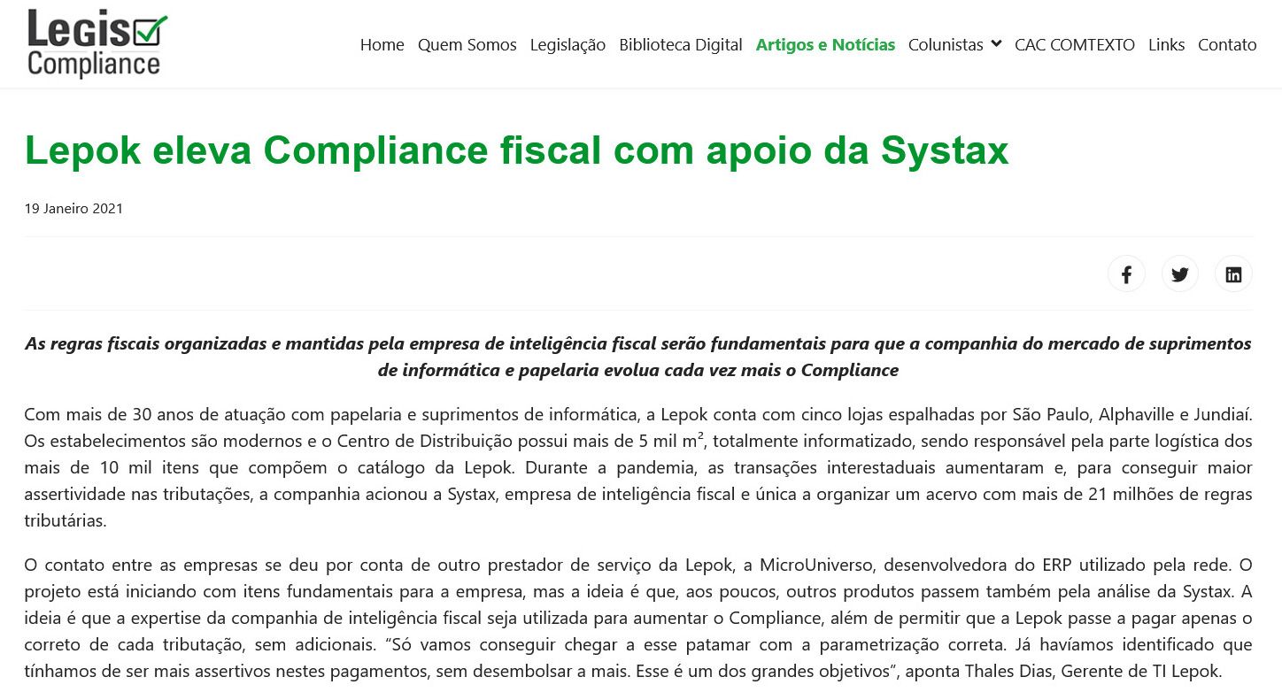 Lepok eleva Compliance fiscal com apoio da Systax