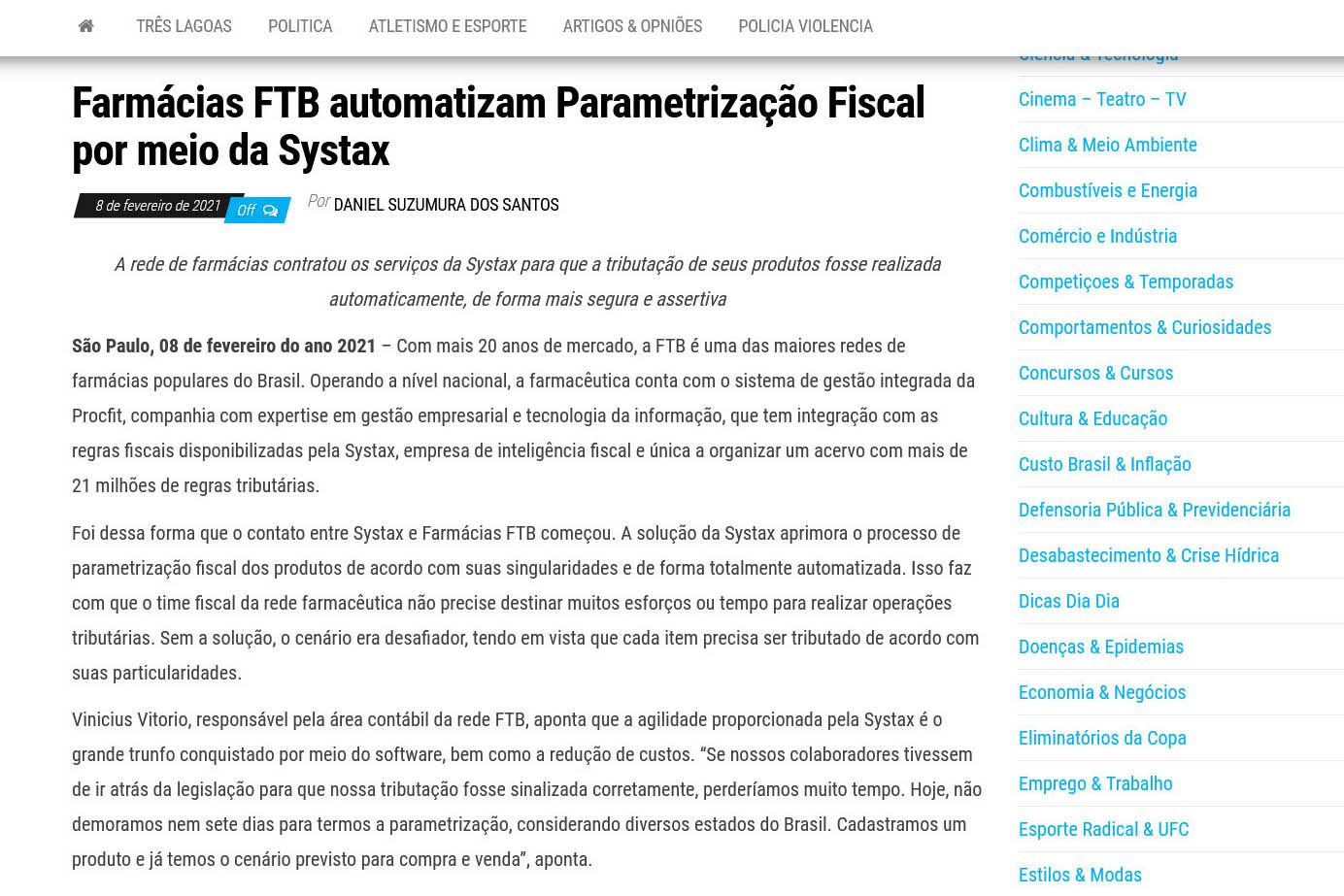 Farmácias FTB automatizam Parametrização Fiscal por meio da Systax