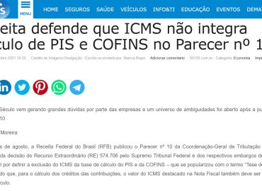 Receita defende que ICMS não integra cálculo de PIS e COFINS no Parecer nº 10
