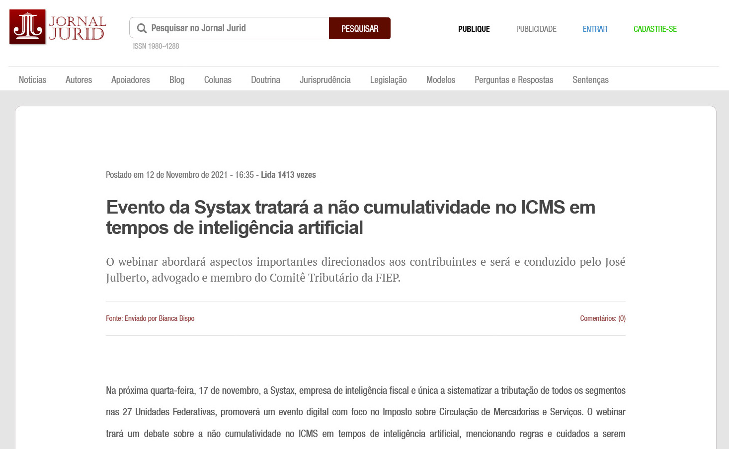 Evento da Systax tratará a não cumulatividade no ICMS em tempos de inteligência artificial