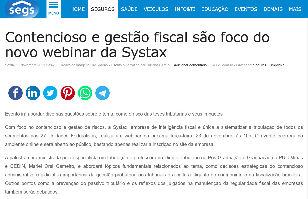 Contencioso e gestão fiscal são foco do novo webinar da Systax
