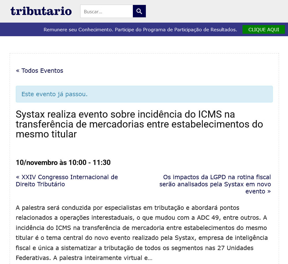 Systax realiza evento sobre incidência do ICMS na transferência de mercadorias entre estabelecimentos do mesmo titular