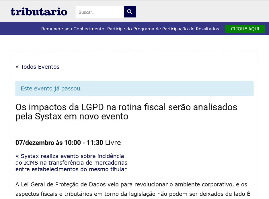 Os impactos da LGPD na rotina fiscal serão analisados pela Systax em novo evento