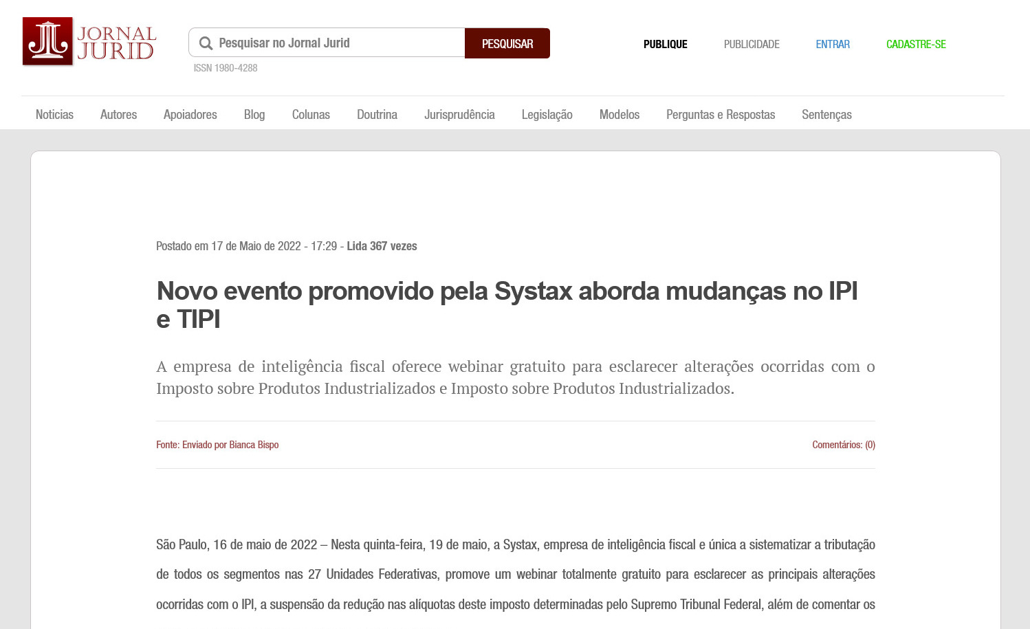 Novo evento promovido pela Systax aborda mudanças no IPI e TIPI