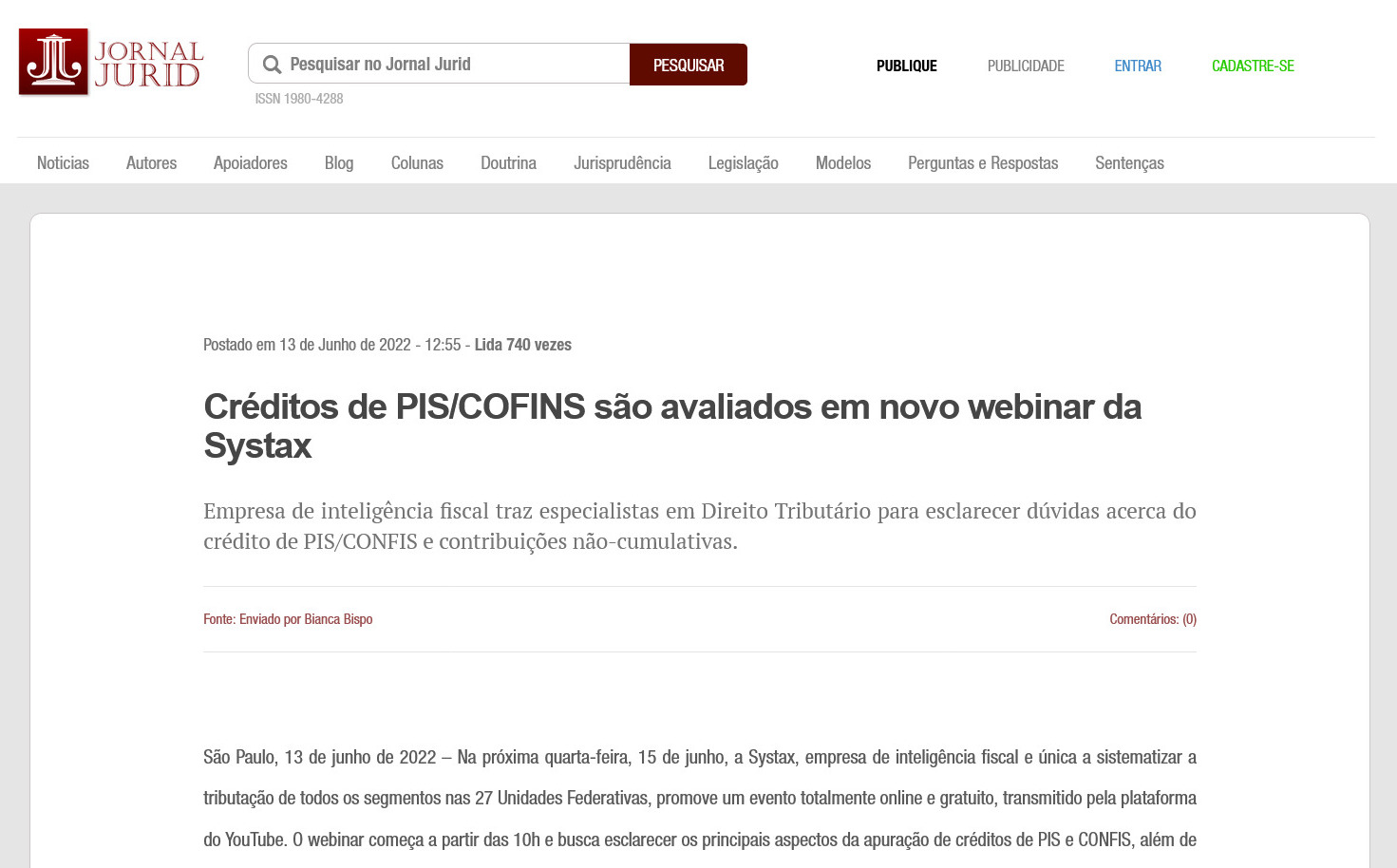 Créditos de PIS/COFINS são avaliados em novo webinar da Systax
