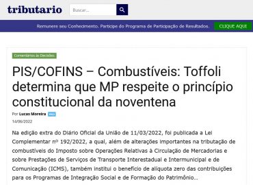 PIS/COFINS – Combustíveis: Toffoli determina que MP respeite o princípio constitucional da noventena