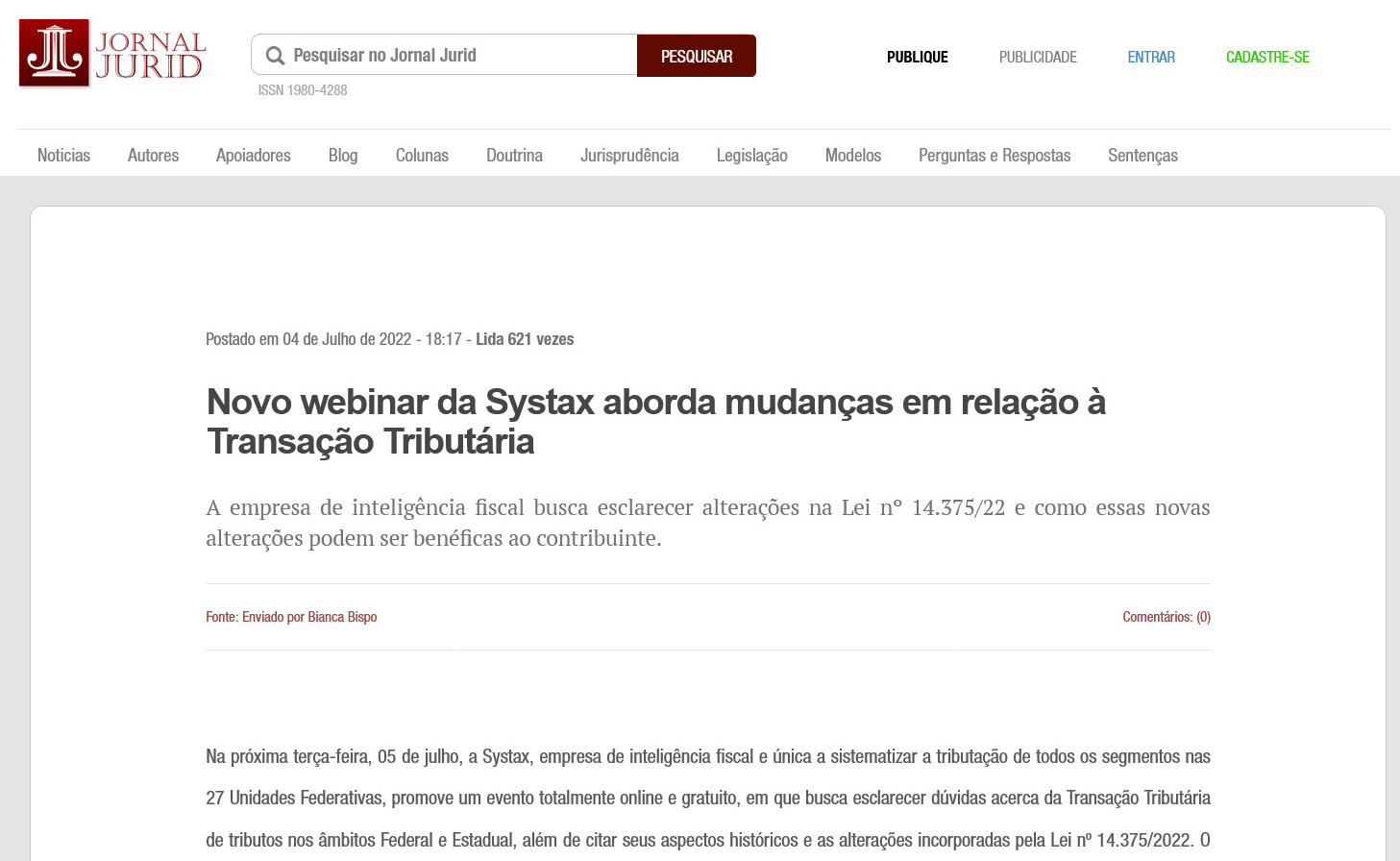 Novo webinar da Systax aborda mudanças em relação à Transação Tributária