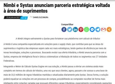 Nimbi e Systax anunciam parceria estratégica voltada à área de suprimentos